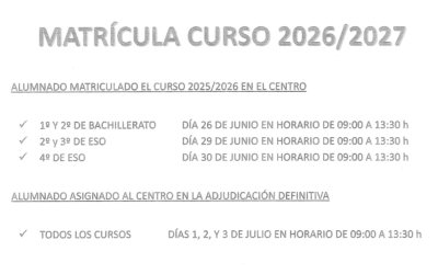 Periodo de matriculación para el próximo curso escolar 2026/27